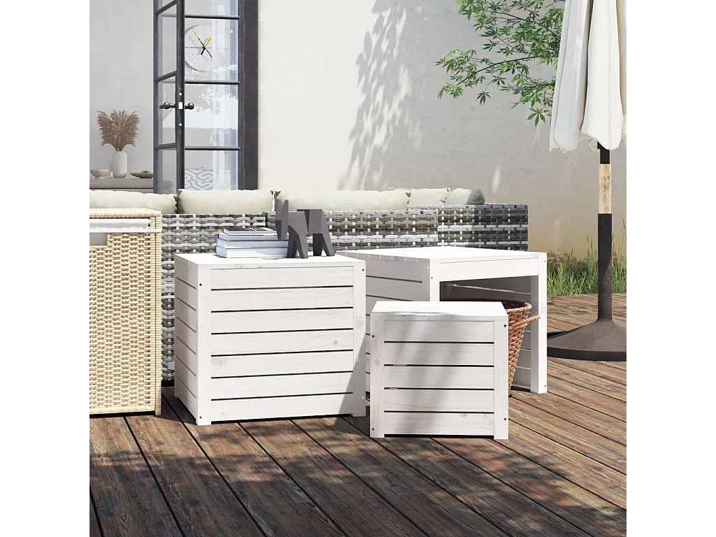 Ensemble de boîtes de jardin 3 pcs blanc bois de pin massif