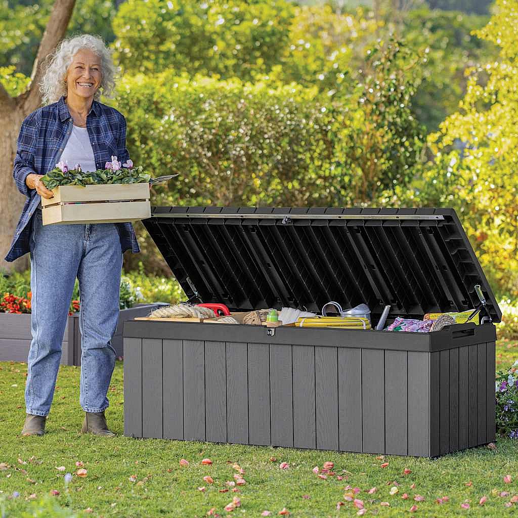 Coffre De Jardin 145L HOMASIS - Banc De Rangement Verrouillable, Imperméable, Charge 80 Kg - Noir