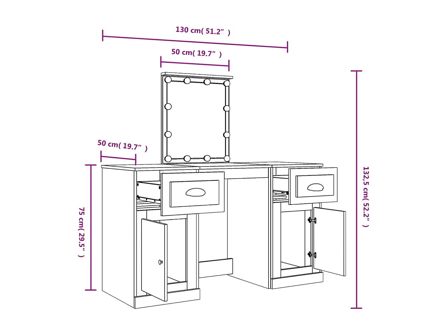 Coiffeuse avec LED chêne sonoma 130x50x132,5 cm