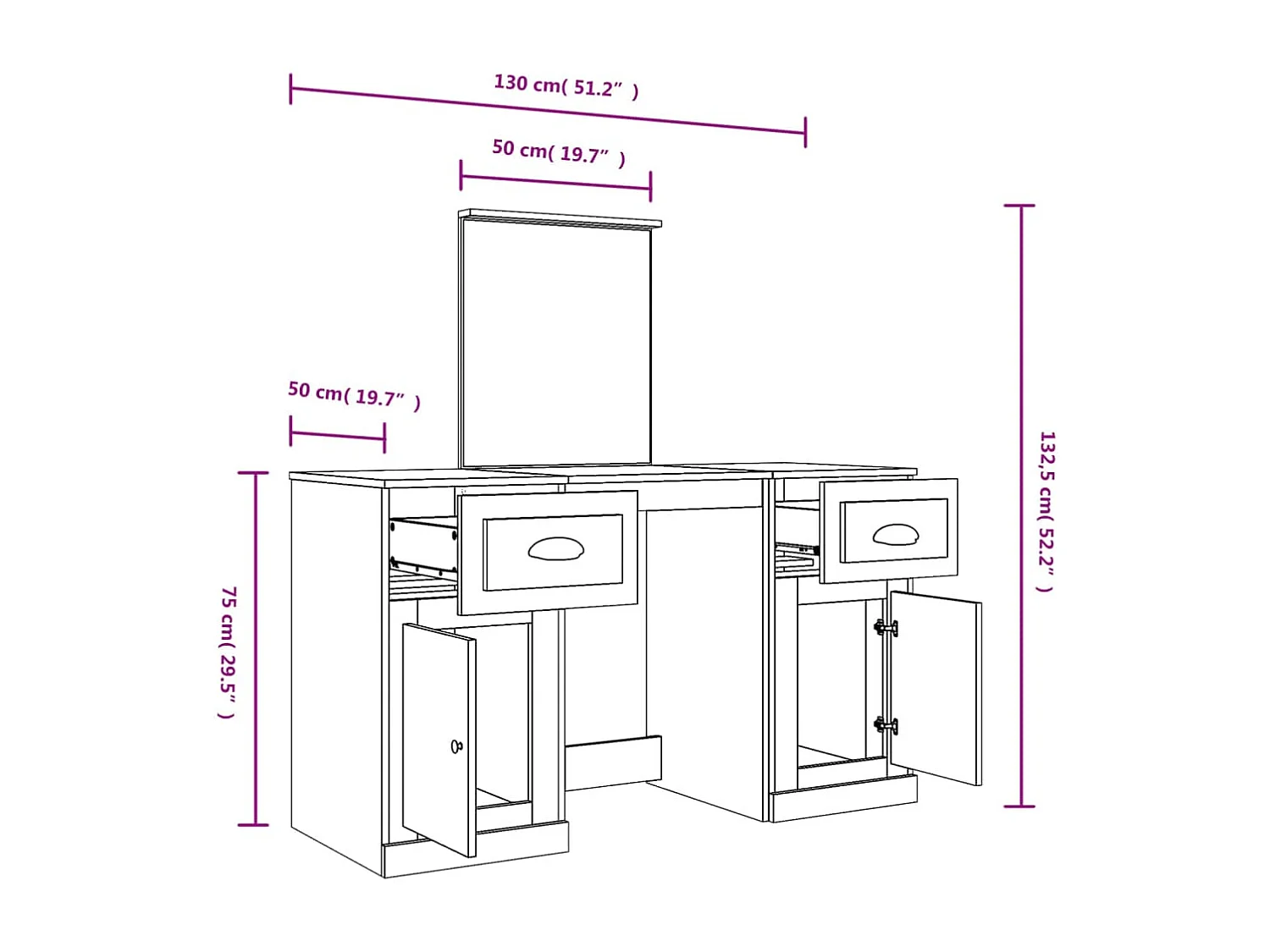 Tocador con espejo color roble ahumado 130x50x132,5 cm