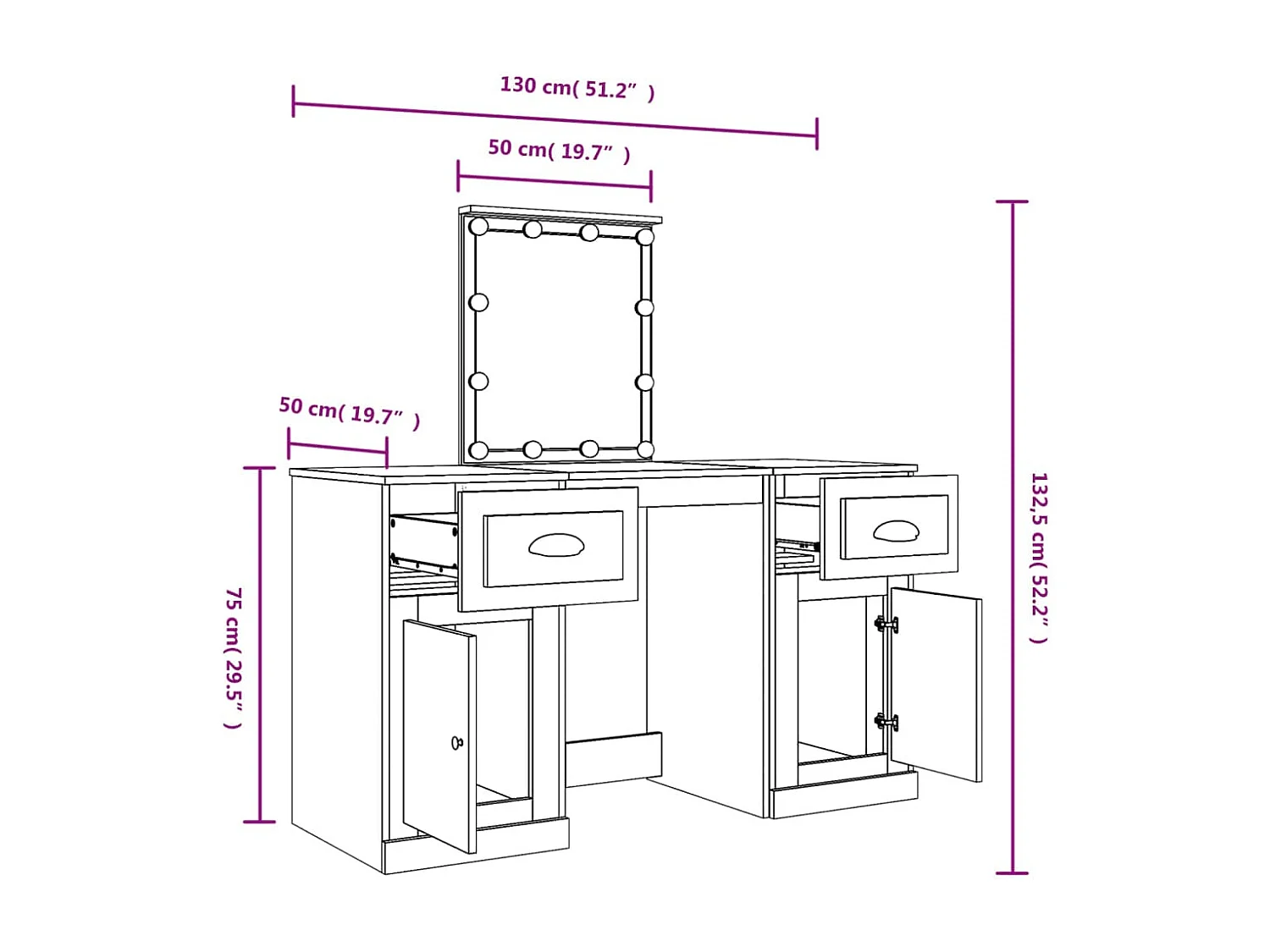Coiffeuse avec LED sonoma gris 130x50x132,5 cm