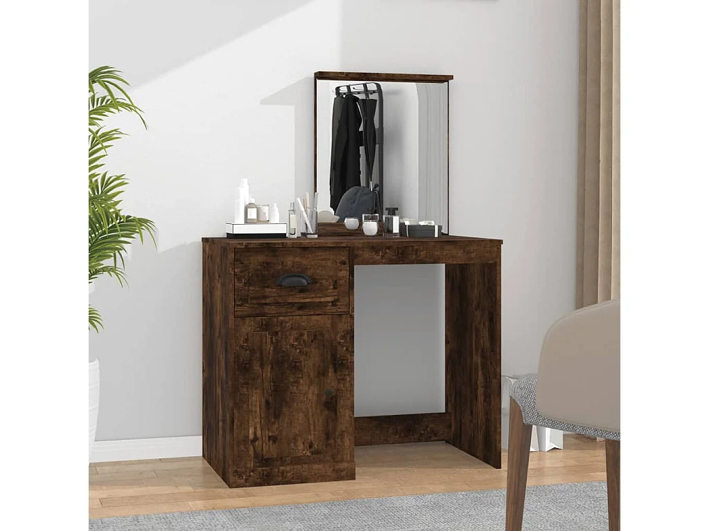 Coiffeuse et miroir chêne fumé 90x50x132,5 cm bois d'ingénierie