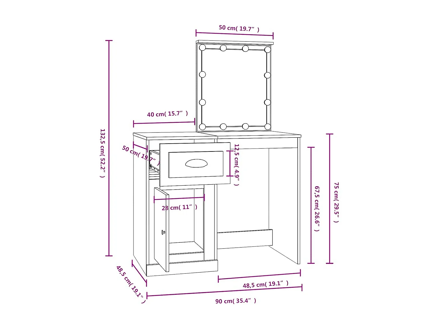 Schminktisch mit LEDs Braun Eiche 90x50x132,5 cm Holzwerkstoff