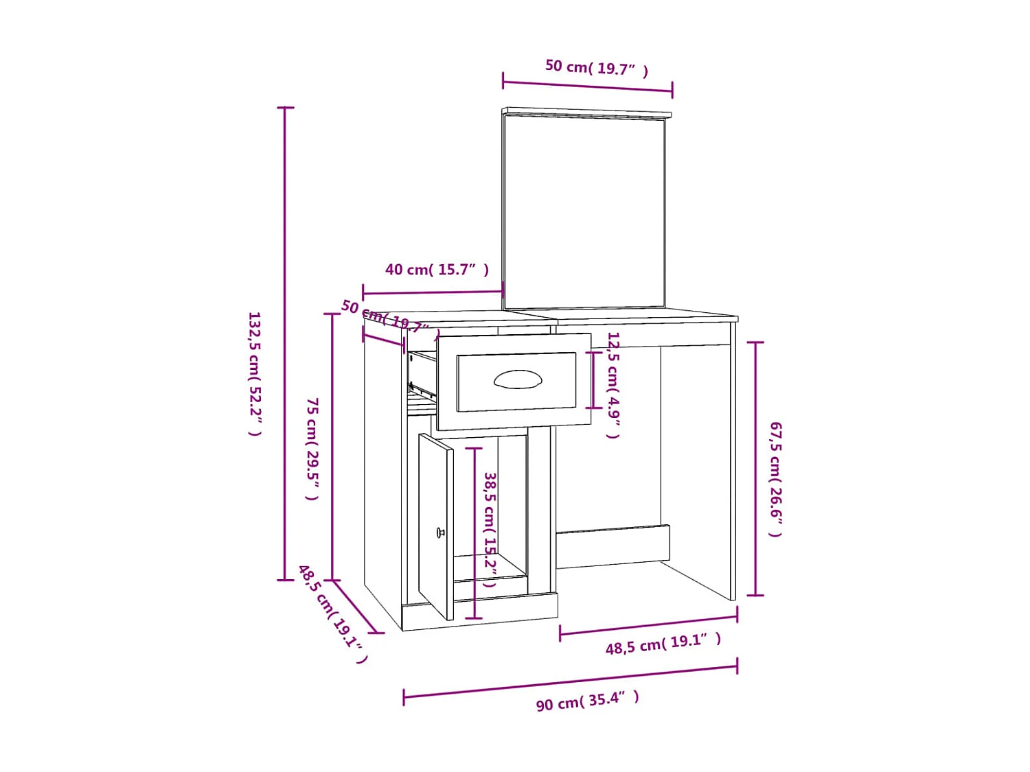 Schminktisch mit Spiegel Grau Sonoma 90x50x132,5 cm