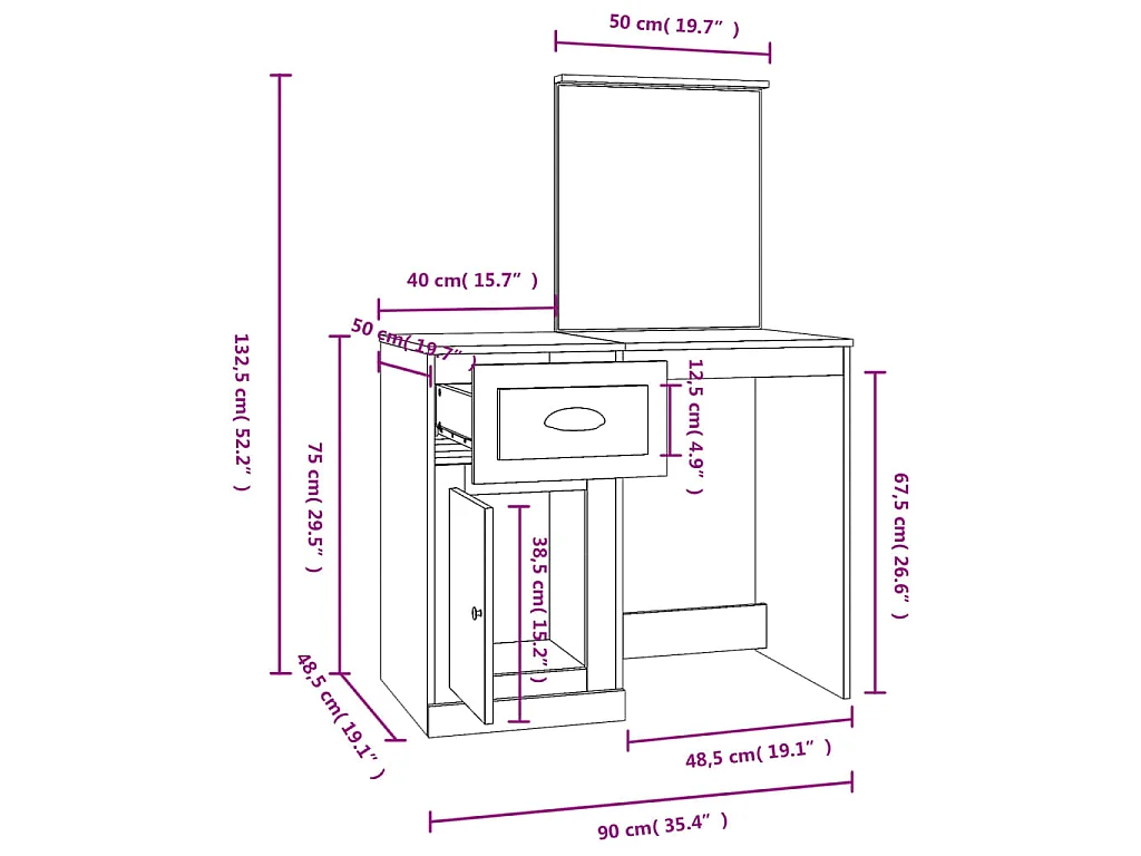 Schminktisch mit Spiegel Grau Sonoma 90x50x132,5 cm