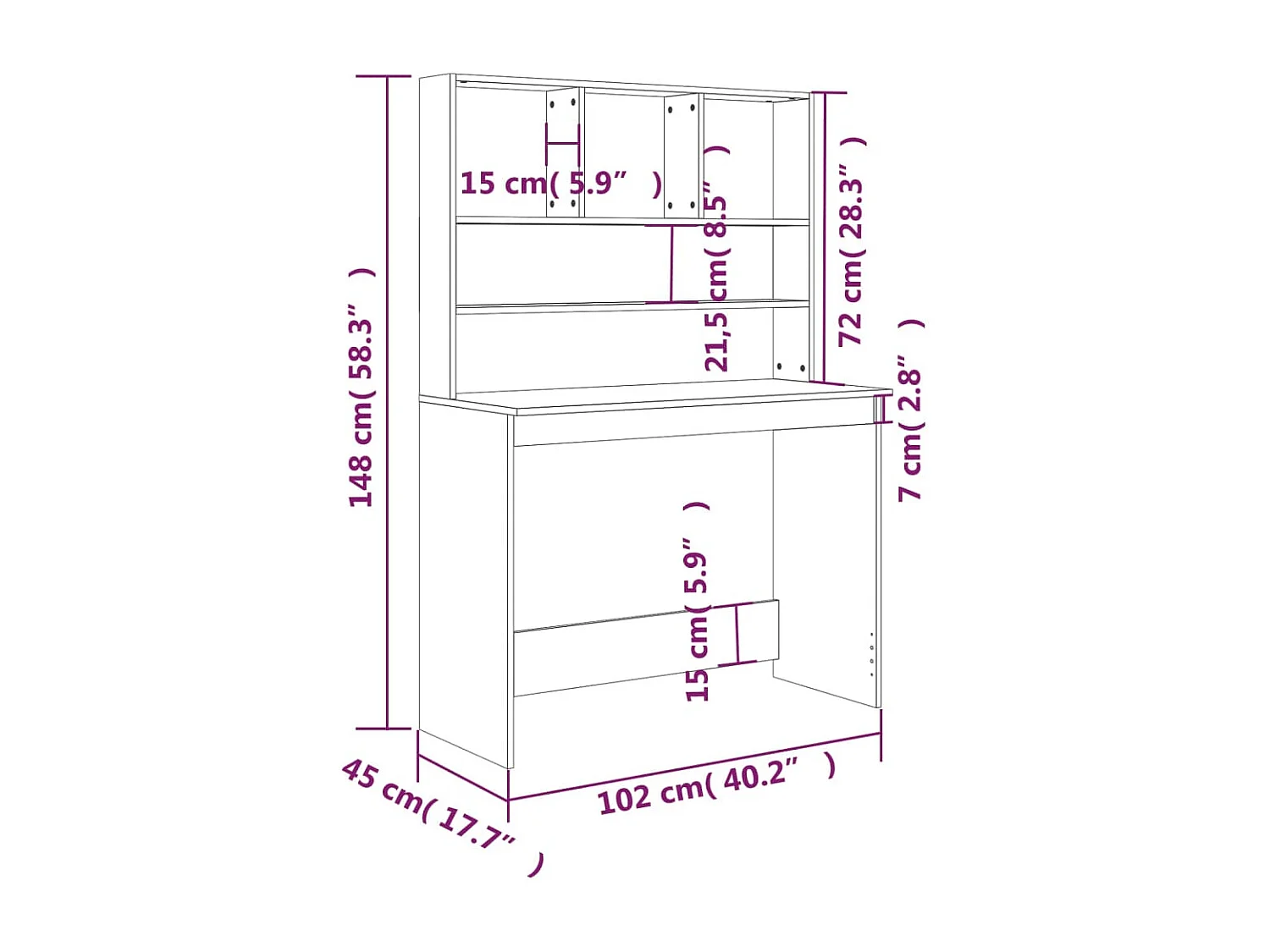 Bureau met schappen 102x45x148 cm bewerkt hout hoogglans wit