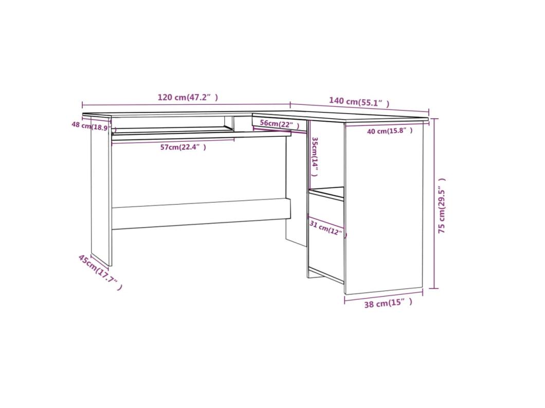 Hoekbureau L-vormig 120x140x75 cm bewerkt hout betongrijs