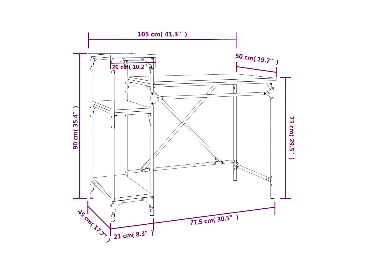 Schreibtisch mit Regal Grau Sonoma 105x50x90 cm Holzwerkstoff