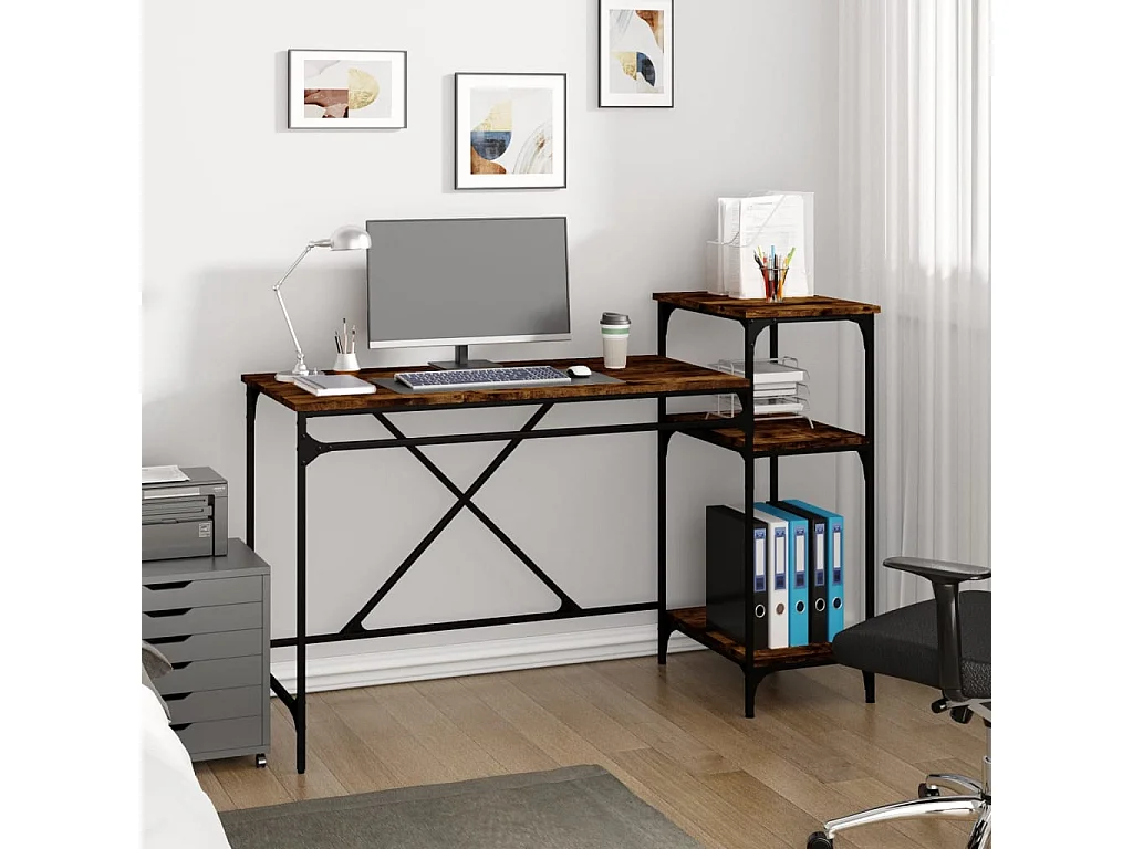 Bureau et étagères chêne fumé 135x50x90cm bois d'ingénierie/fer