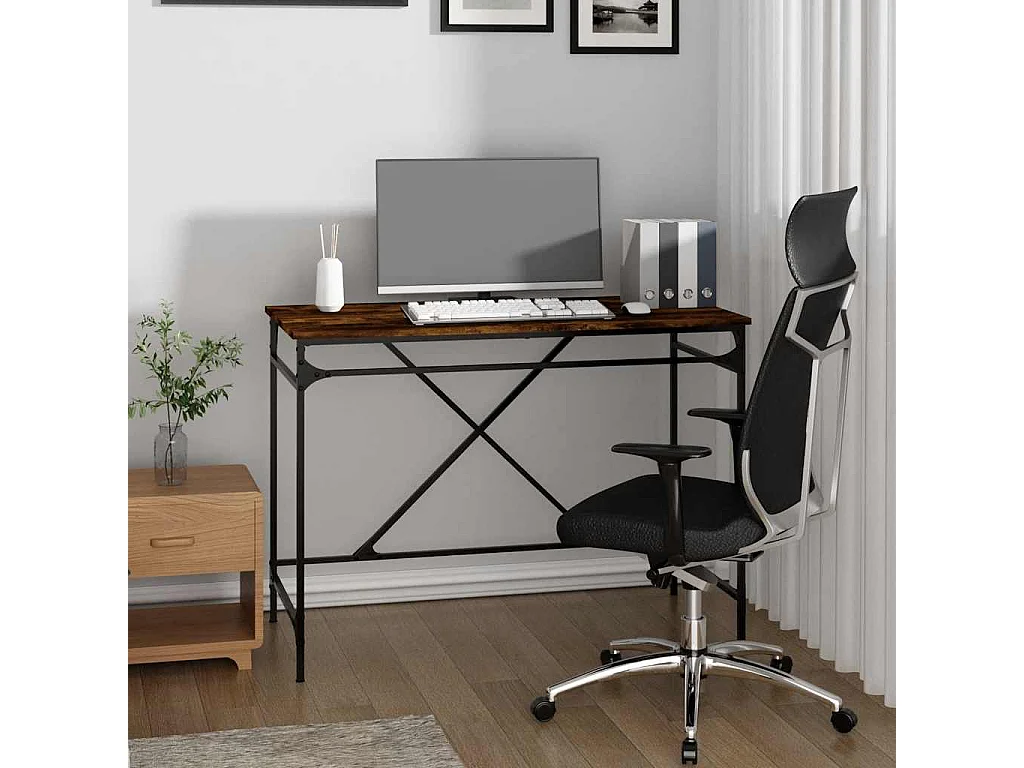 Bureau chêne fumé 100x50x75 cm bois d'ingénierie et fer