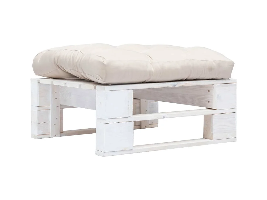 Tuinpoef met zandkleurig kussen pallet hout wit