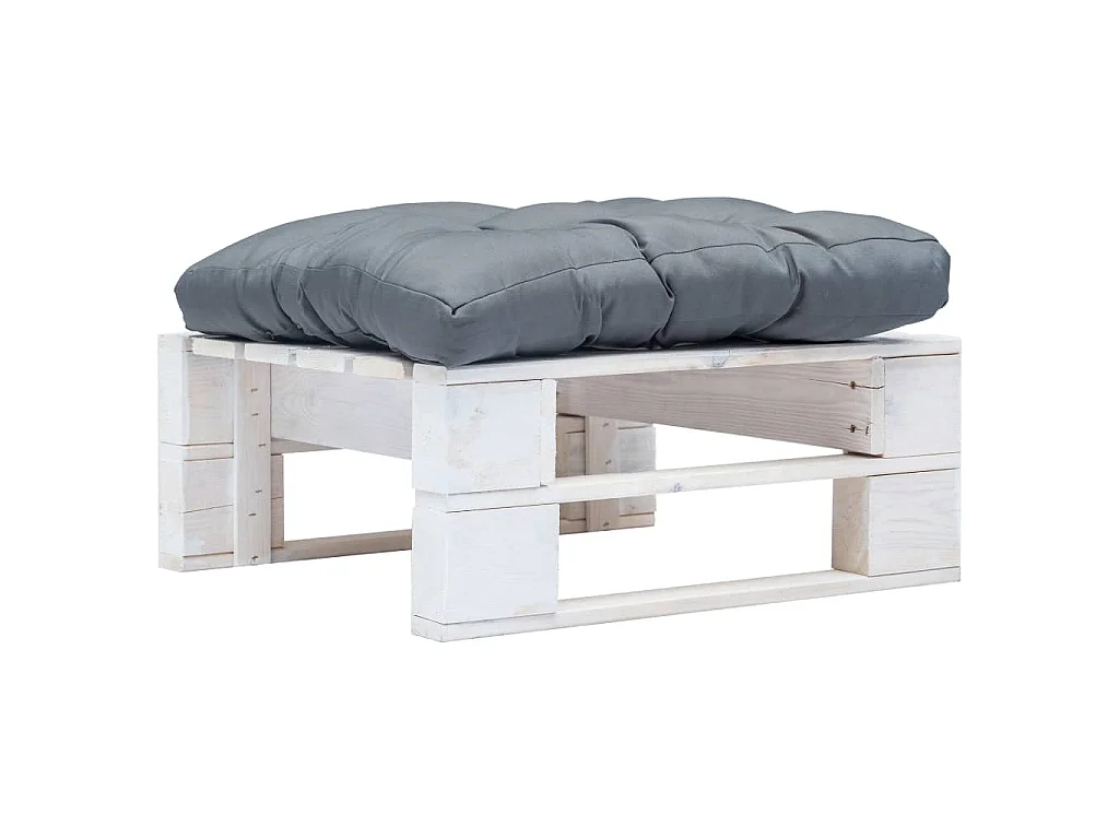 Tuinpoef met grijs kussen pallet hout wit