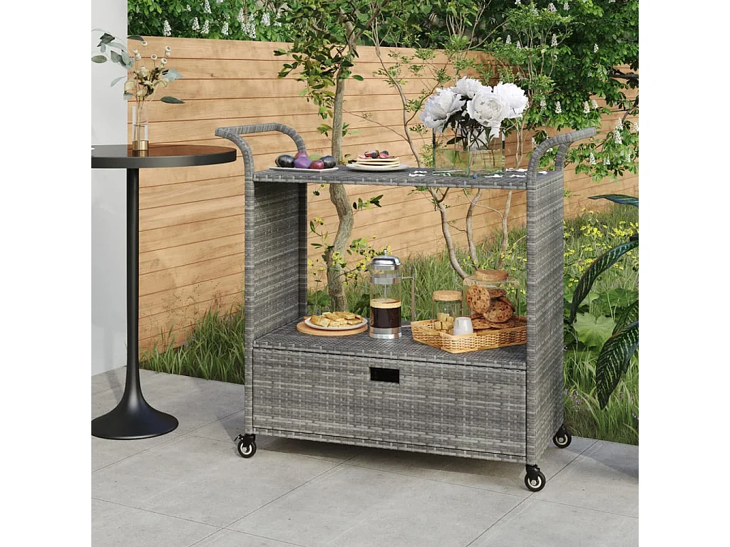 Chariot de bar avec tiroir Gris 100x45x97 cm Résine tressée