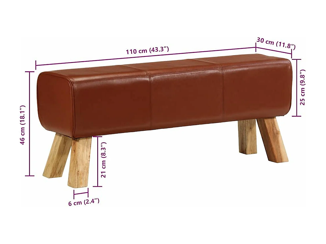 Banc de bok de gymnastique marron 110 cm cuir véritable et bois