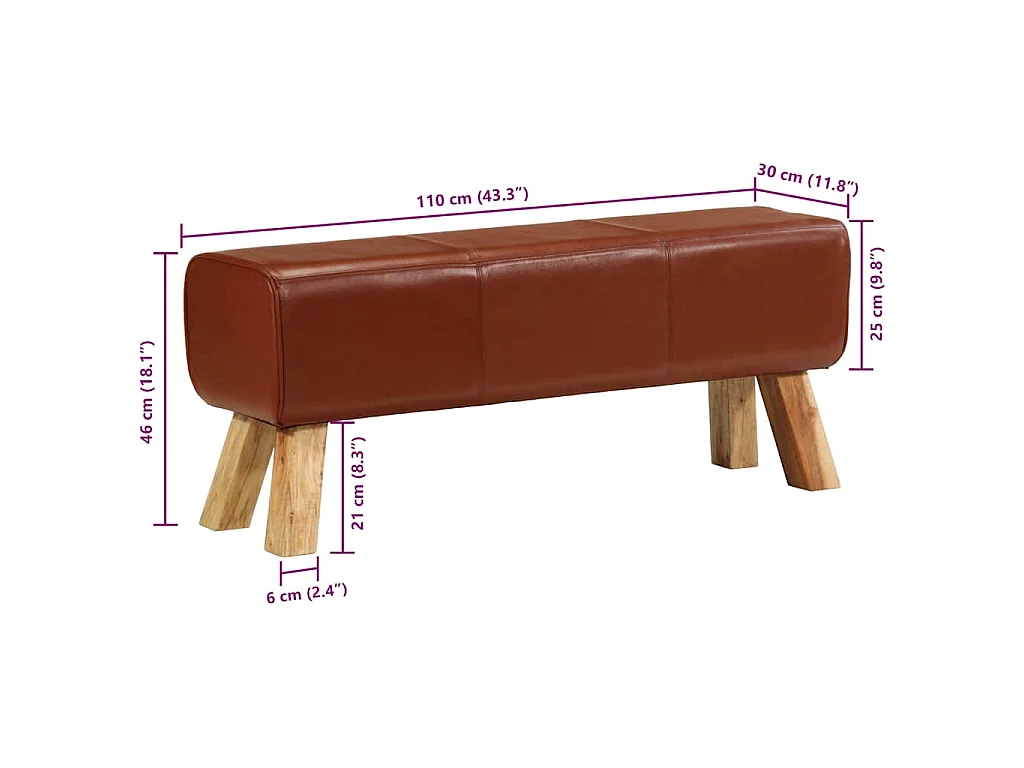 Banc de bok de gymnastique marron 110 cm cuir véritable et bois