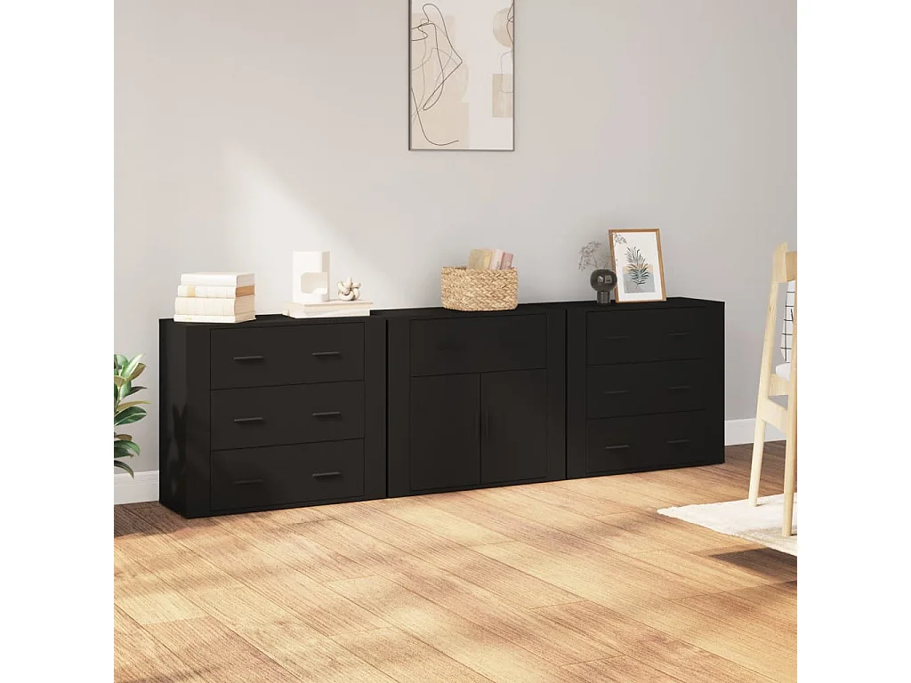 Dressoirs 3 st bewerkt hout zwart