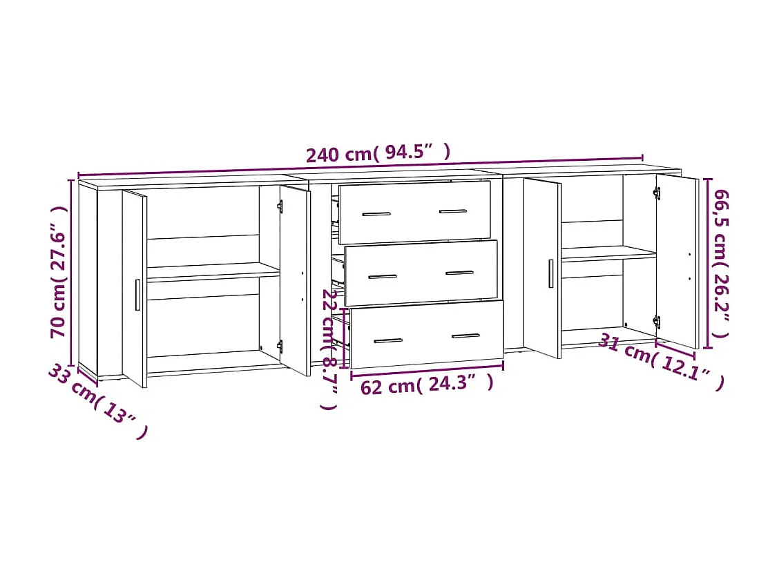 Dressoirs 3 st bewerkt hout wit