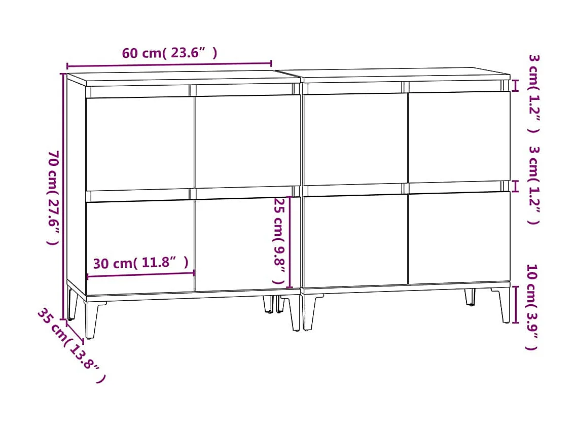 Dressoirs 2 st 60x35x70 cm bewerkt hout wit