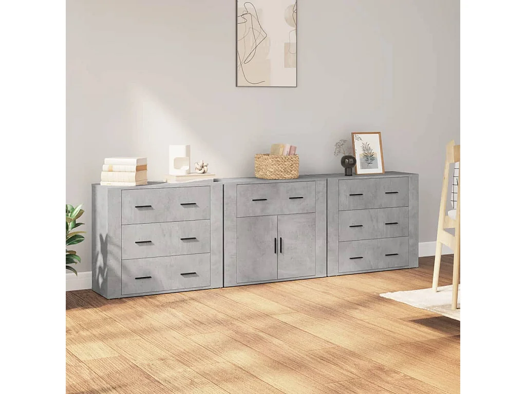 Credenze 3 pz Grigio Cemento in Legno Multistrato