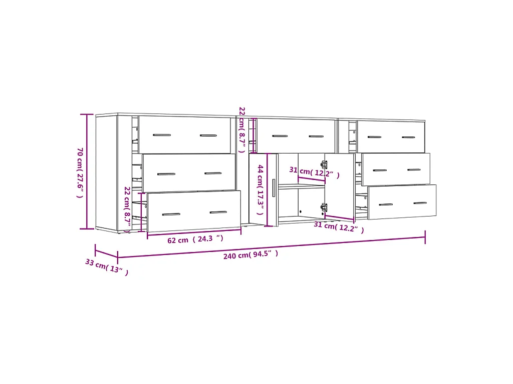 Buffets 3 pcs gris béton bois d'ingénierie