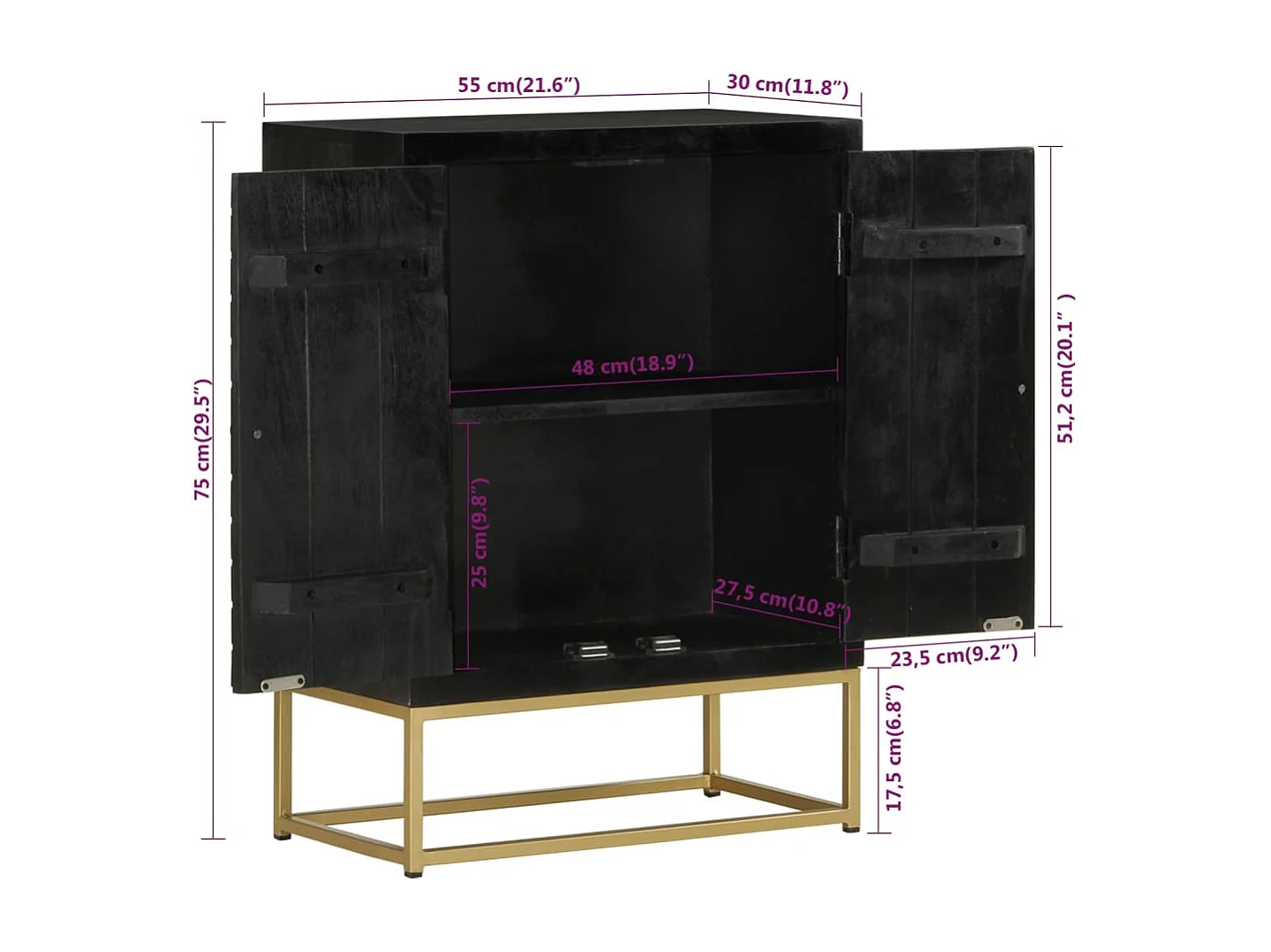 Buffet avec 2 portes noir et doré 55x30x75 cm manguier