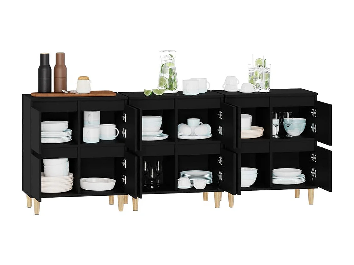 Aparadores 3 uds madera contrachapada negro 60x35x70 cm