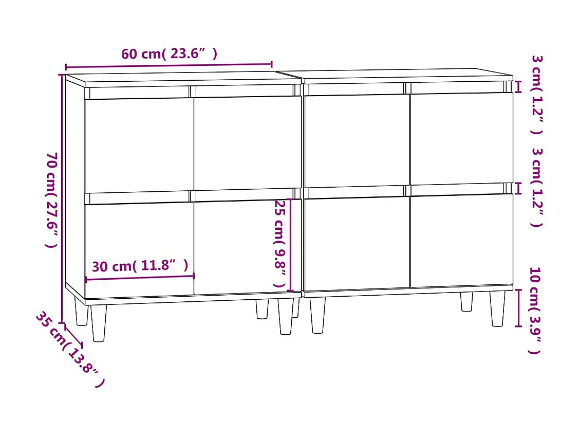 Dressoirs 2 st 60x35x70 cm bewerkt hout wit