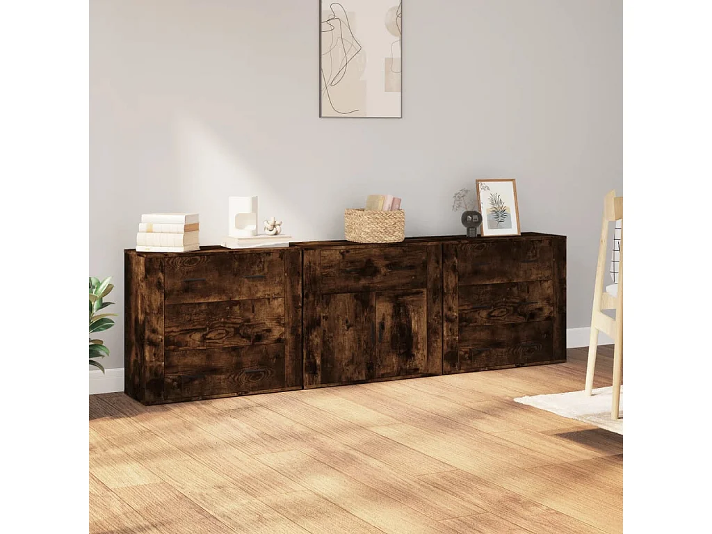 Dressoirs 3 st bewerkt hout gerookt eikenkleurig