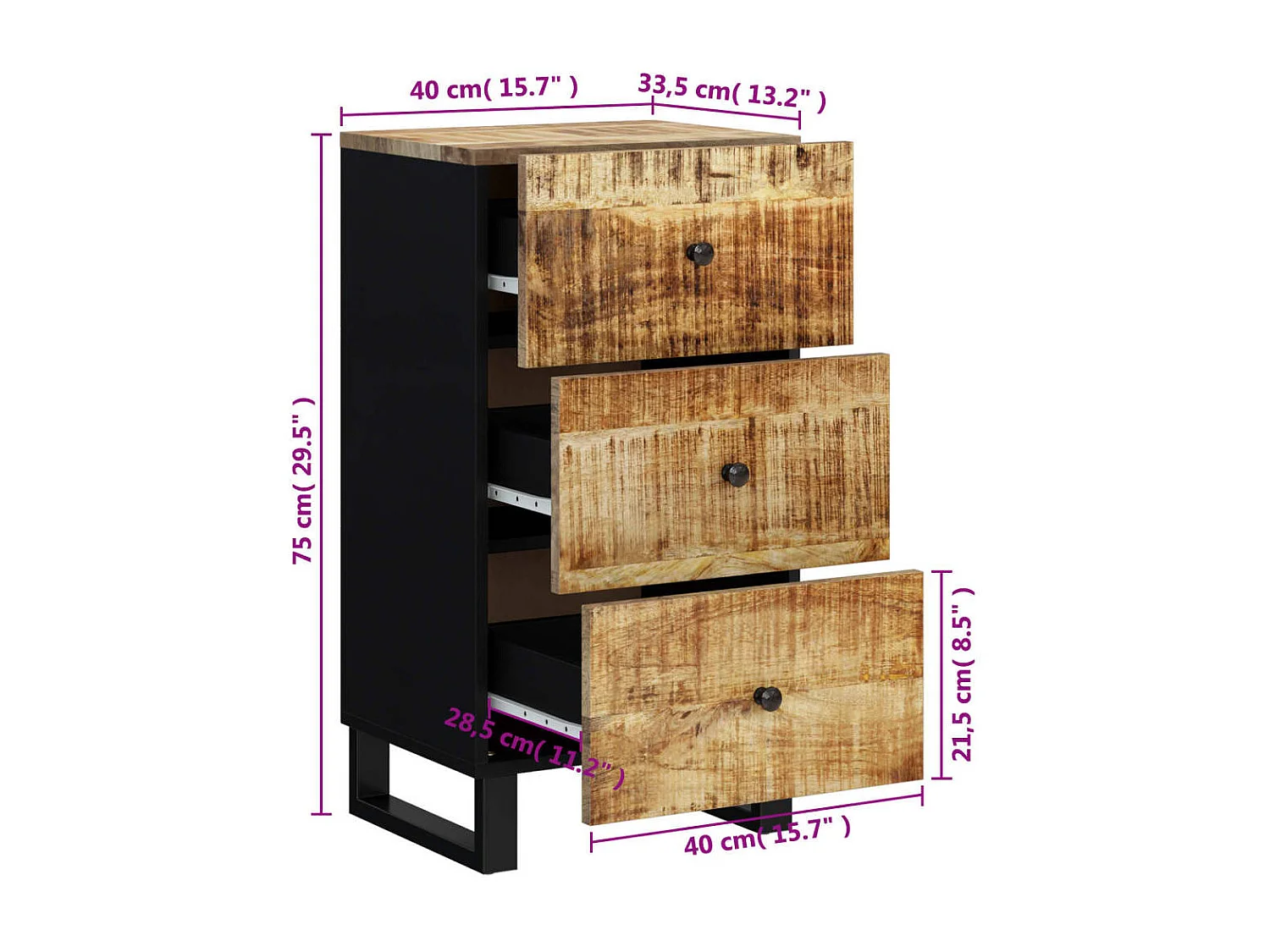 Buffet avec 3 tiroirs 40x33,5x75 cm bois massif de manguier