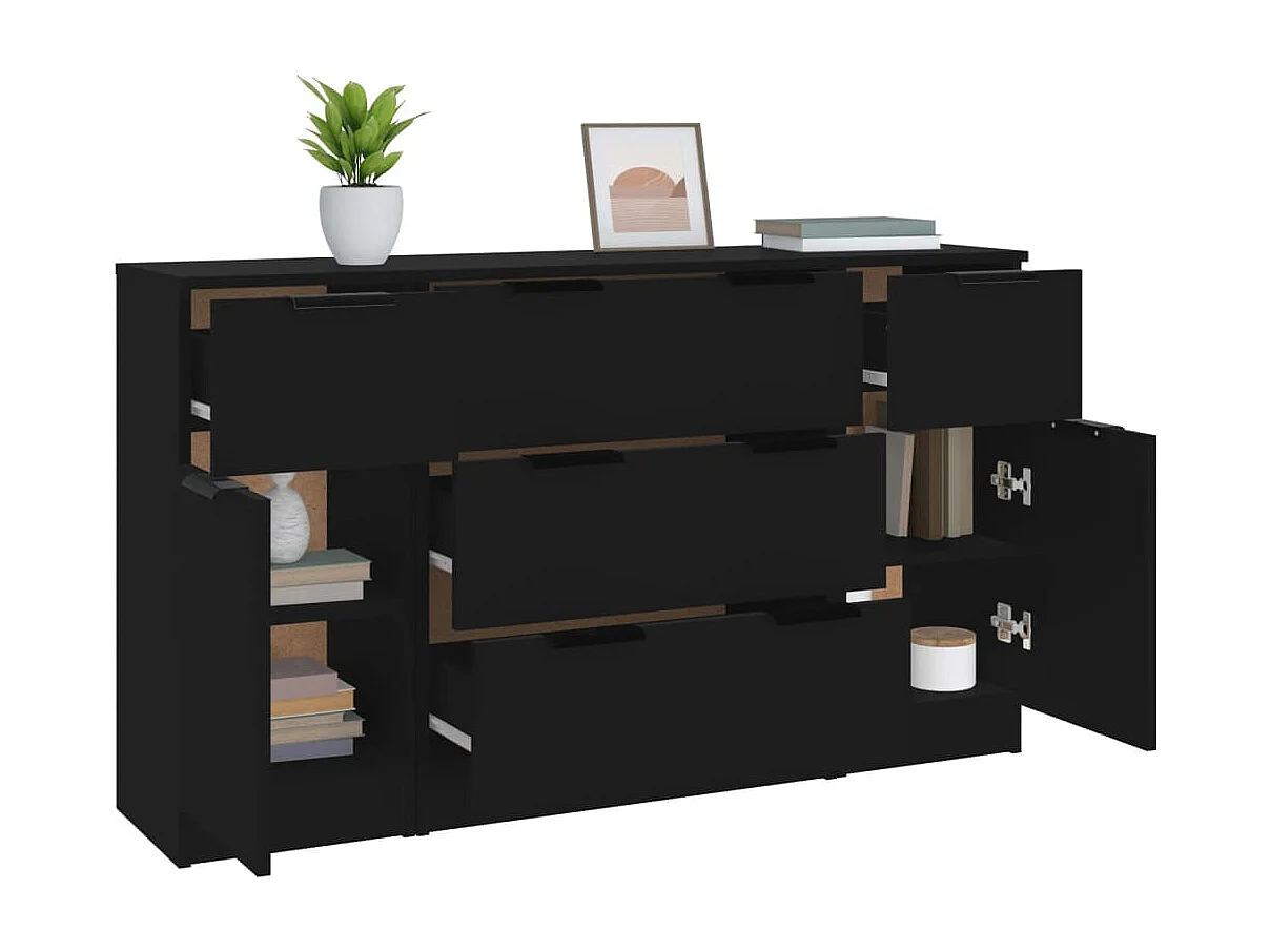 3-delige Dressoirset bewerkt hout zwart