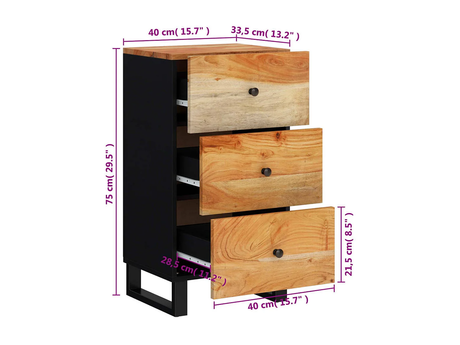 Sideboard mit 3 Schubladen 40x33,5x75 cm Massivholz Akazie