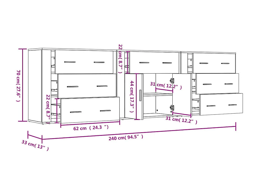 Dressoirs 3 st bewerkt hout bruin eikenkleur