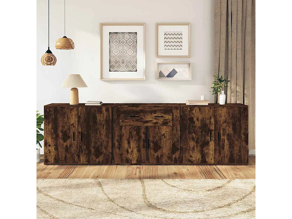 Dressoirs 3 st bewerkt hout gerookt eikenkleurig