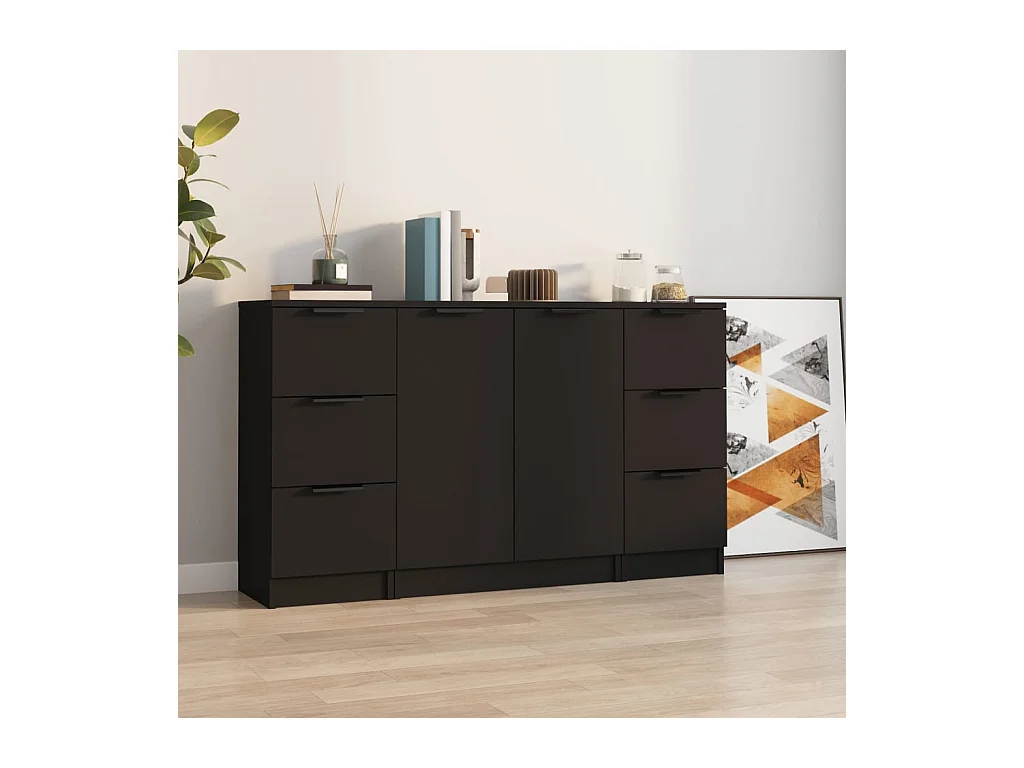 Credenze 3 pz Nere in Legno Multistrato