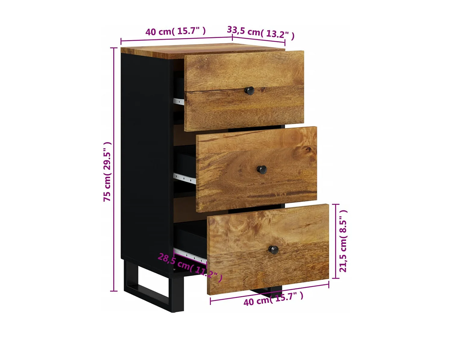 Buffet avec 3 tiroirs 40x33,5x75 cm bois massif de manguier