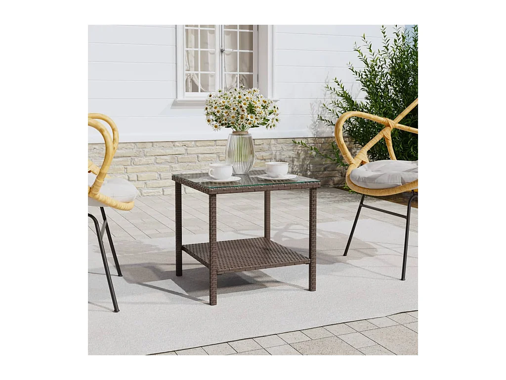 Table d'appoint marron 45x45x45 cm poly rotin et verre trempé