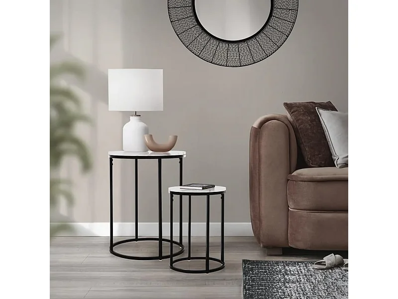 Set di 2 Tavolini da caffè soggiorno in metallo aspetto marmo bianco Ø30/Ø 40 cm