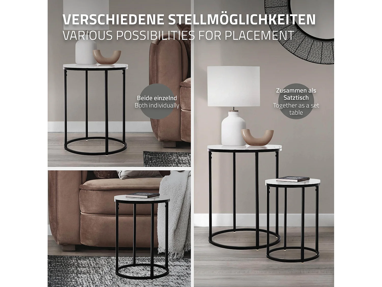 Set van 2 Bijzettafel Marble Optics Salontafel Metalen Frame Ø30 / Ø40 cm Wit