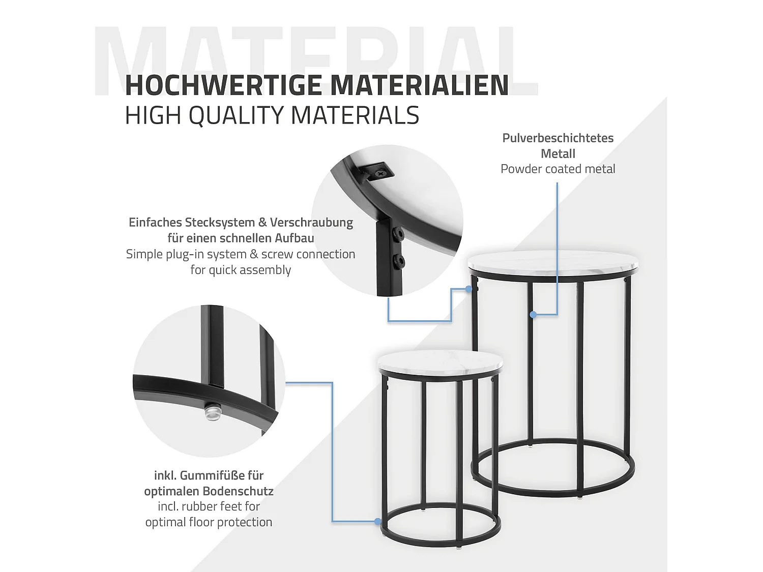 Set van 2 Bijzettafel Marble Optics Salontafel Metalen Frame Ø30 / Ø40 cm Wit