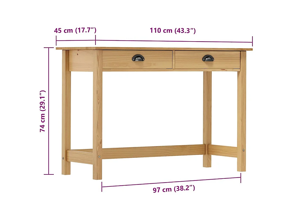 Consolle Hill con 2 Cassetti 110x45x74 cm in Massello di Pino