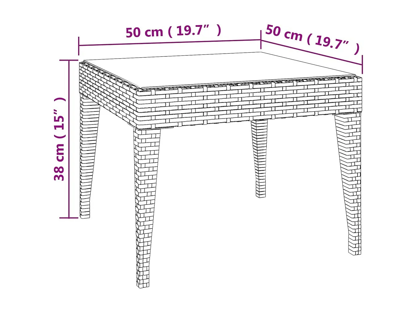 Table d'appoint marron 50x50x38 cm poly rotin et verre trempé