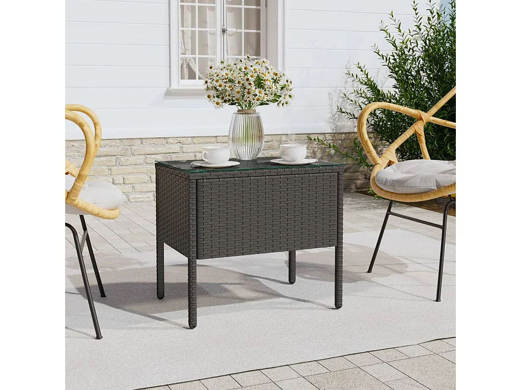 Table d'appoint noir 53x37x48 cm poly rotin et verre trempé