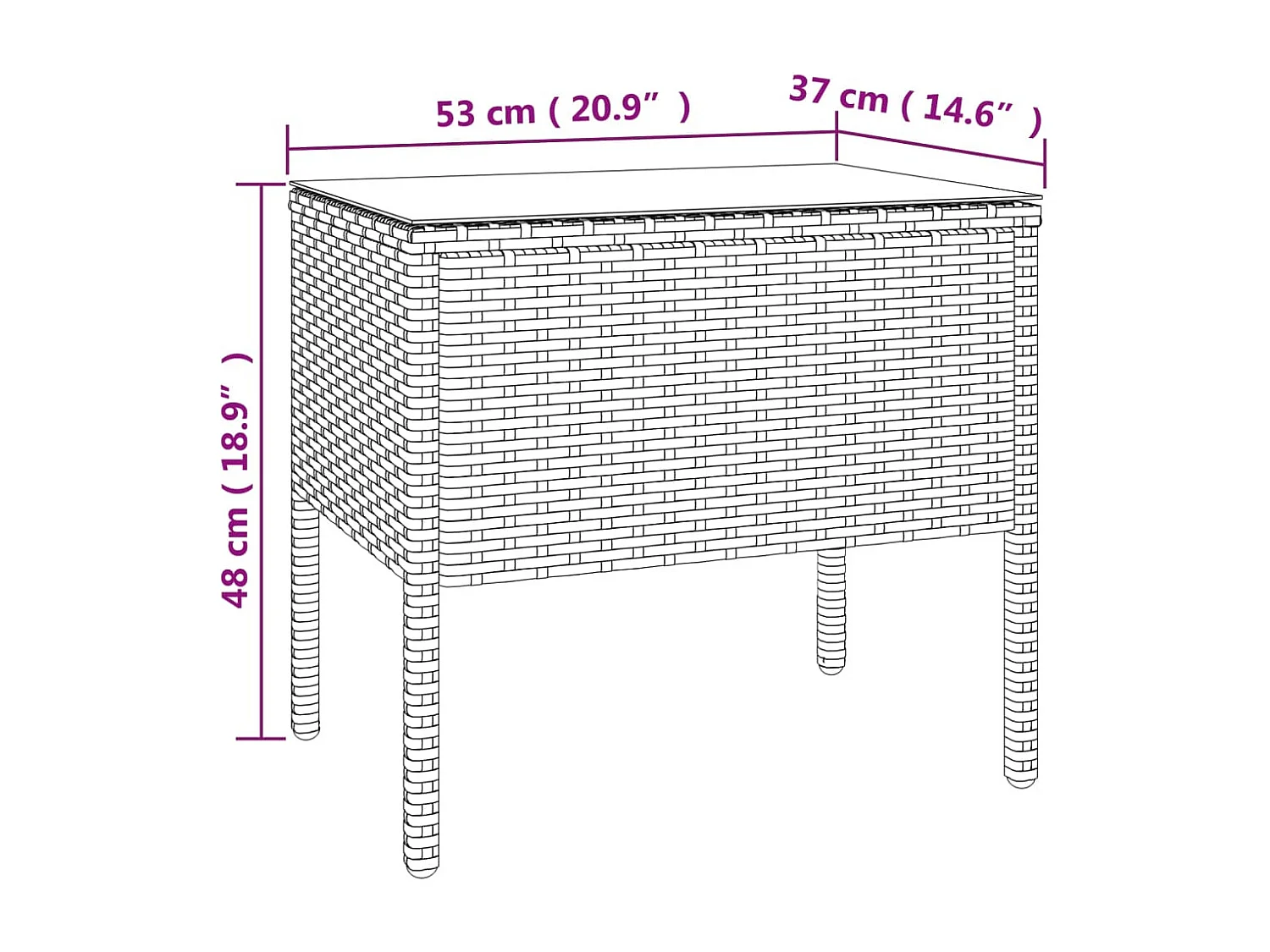 Table d'appoint noir 53x37x48 cm poly rotin et verre trempé