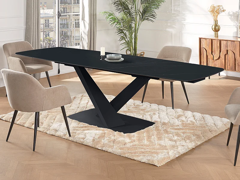 Table à manger extensible 6 à 10 personnes en verre trempé, céramique et métal - Effet marbre noir - MALATA de Maison Céphy