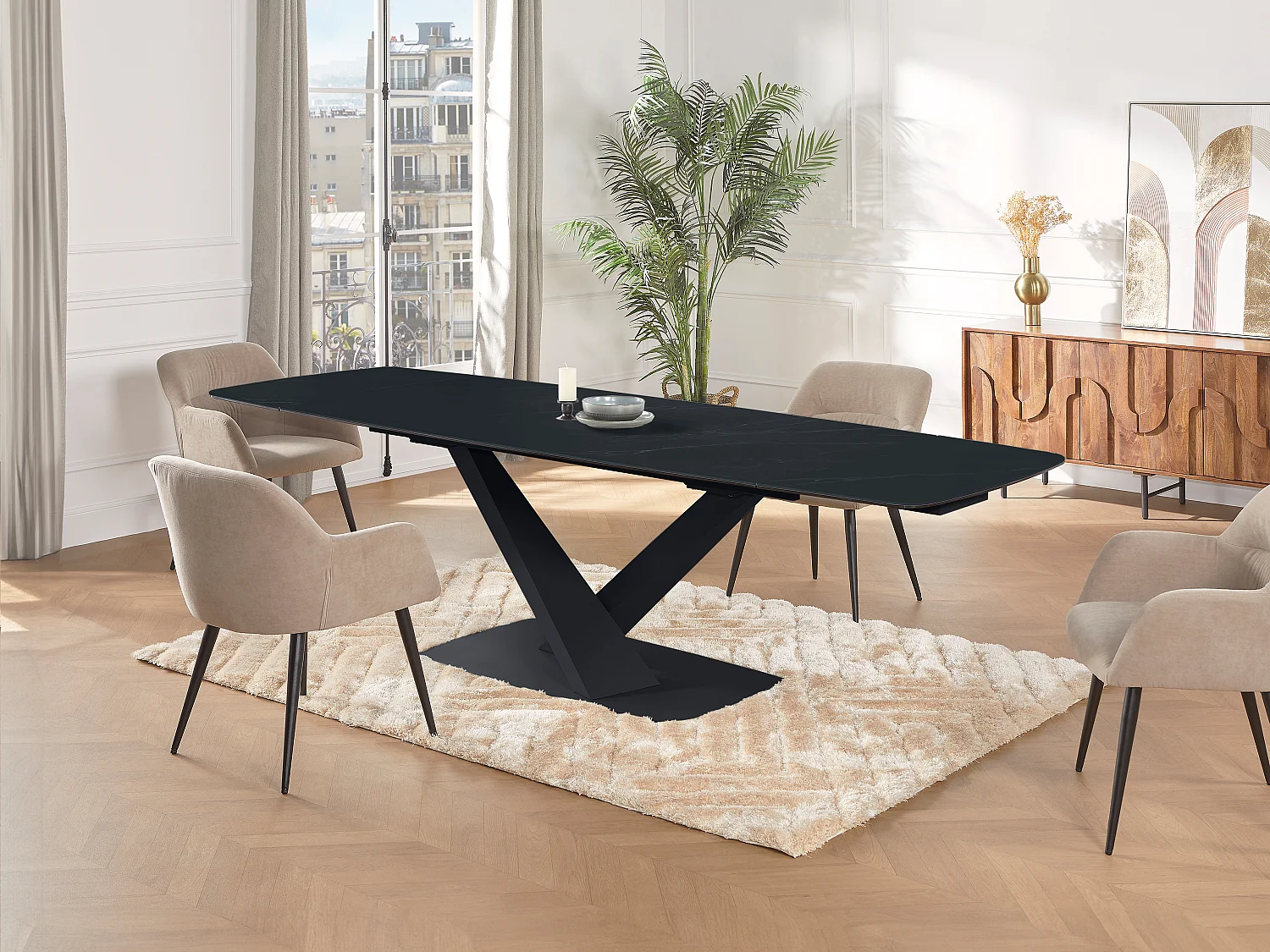 Table à manger extensible 6 à 10 personnes en verre trempé, céramique et métal - Effet marbre noir - MALATA de Maison Céphy