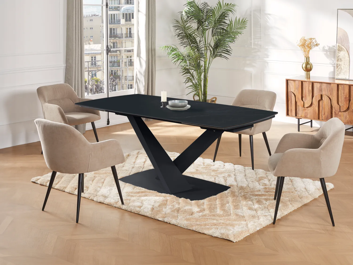 Table à manger extensible 6 à 10 personnes en verre trempé, céramique et métal - Effet marbre noir - MALATA de Maison Céphy