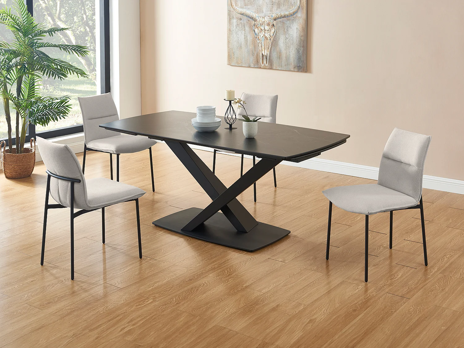 Esstisch ausziehbar - 6 bis 10 Personen - Sicherheitsglas, Keramik & Metall - Marmor-Optik Schwarz - MALATA von Maison Céphy