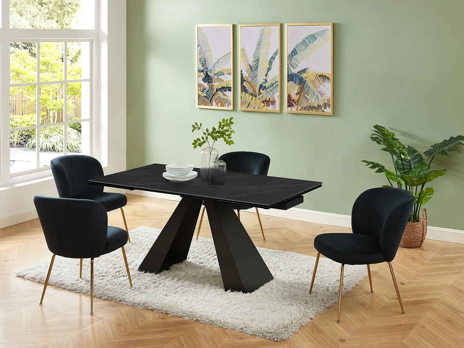 Table à manger extensible 6 à 10 personnes en verre trempé, céramique et métal - Effet marbre noir - LOZIPA de Maison Céphy