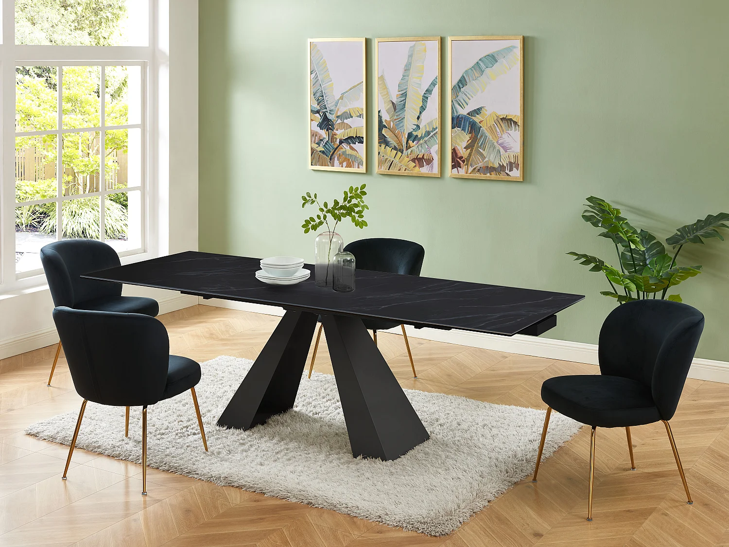 Verlengbare eettafel 6 tot 10 plaatsen van gehard glas, keramiek en metaal - Zwart marmereffect - LOZIPA van Pascal MORABITO