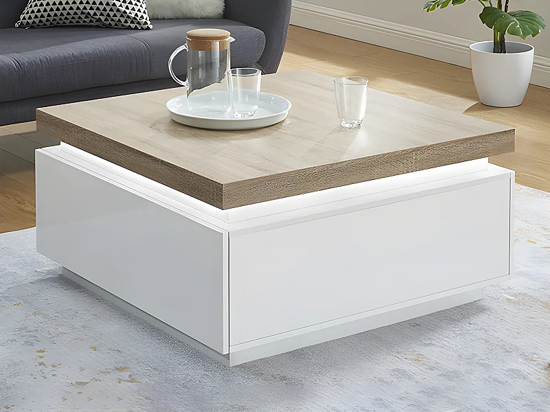 Table basse HALO II - 2 tiroirs - MDF laqué - Avec LEDs - Blanc et Chêne 